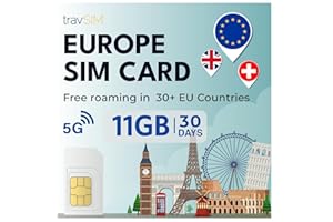 travSIM Prepaid SIM Card for Europe, 12 GB Mobile Data with 4G/5G, The Europe Prepaid SIM Card can be used in over 20 countries, including in UK and Switzerland, valid for 30 days