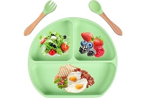 Aulese Baby Teller, Silikon Kinderteller mit Saugnapf, Rutschfester Kindergeschirr für Kleinkinder mit Löffel und Gabel, BPA-Frei - Spülmaschinen und Mikrowellen Sicher (Grün)…