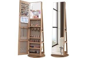 COSTWAY 360° Swivel Jewelry Cabinet, Lockable Jewelry Armoire Storage Unit with Full-Length Mirror & 3-Color Auto-on LED Lights, Home Bedroom Dressing Room Cosmetics Jewellery Organiser (Natural)