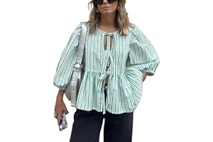 WangsCanis Women Tie Front Peplum Top Y2k Puff Short Sleeve Lace Up Bow Shirt Ruffle Hem Babydoll Blouses