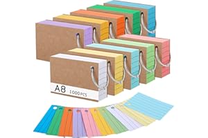 THBOXES 1000 Stücke Karteikarten, A8 Linierte Lernkarten mit Krafteinband und Loseblattring, 150g/m² Lernkarten in 10 Farben für Vokabel Lernen, Schule, Büro, Zuhause(7.4 x 5.2 cm)