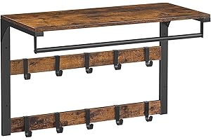 VASAGLE Wall-Mounted Coat Rack, Wall Shelf with 10 Removable Hooks, Clothes Rail, Coat Hooks with Shelf, for Entryway, Bedroom, Bathroom, Rustic Brown and Black LCR101B01