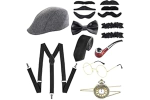 ATOWORLD Années 1920 Hommes Accessoires Gatsby Costume Gangster Deguisement Annee 20 avec Fausse Moustache Cravate Noeud Papillon Bretelle Chapeau Montre de Poche Cosplay Carnaval Brun