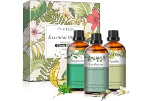PHATOIL Set de Aceites Esenciales Clásicos 3 x 30ml, Aceites Esenciales para Humidificador Difusor Aromaterapia 100% Naturales Puros, Aceite Esencial de Eucalipto, Vainilla, Menta