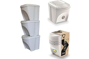 botle Kosz na śmieci – zestaw 3 x kosze na śmieci 25 l w kolorze białym, popielaty biały do układania w stos, kompaktowe, modułowe i łatwe sortowanie plastikowych odpadów z gospodarstw domowych