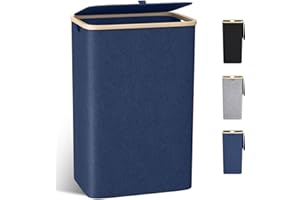 CAPOCICA Wäschekorb mit Deckel Groß, 100L Wäschesammler schmal mit herausnehmbaren Wäschesack Laundry Baskets Wäscheschrank Wäschetruhe Wäschetonne für Schmutzwäsche Marineblau