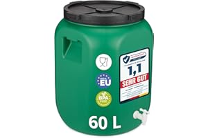 Garronda 60L Fût Plastique Alimentaire avec Robinet – Récupérateur d'Eau Sans BPA pour Eau, Fermentation, Croquettes, Choucroute GD-0142