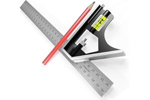 Simon & Co Équerre combinée 300mm en acier inoxydable Professionnel - Graduation métrique - offert un crayon de menuisier. Équerre de menuisier précise avec butée et outil de traçage.