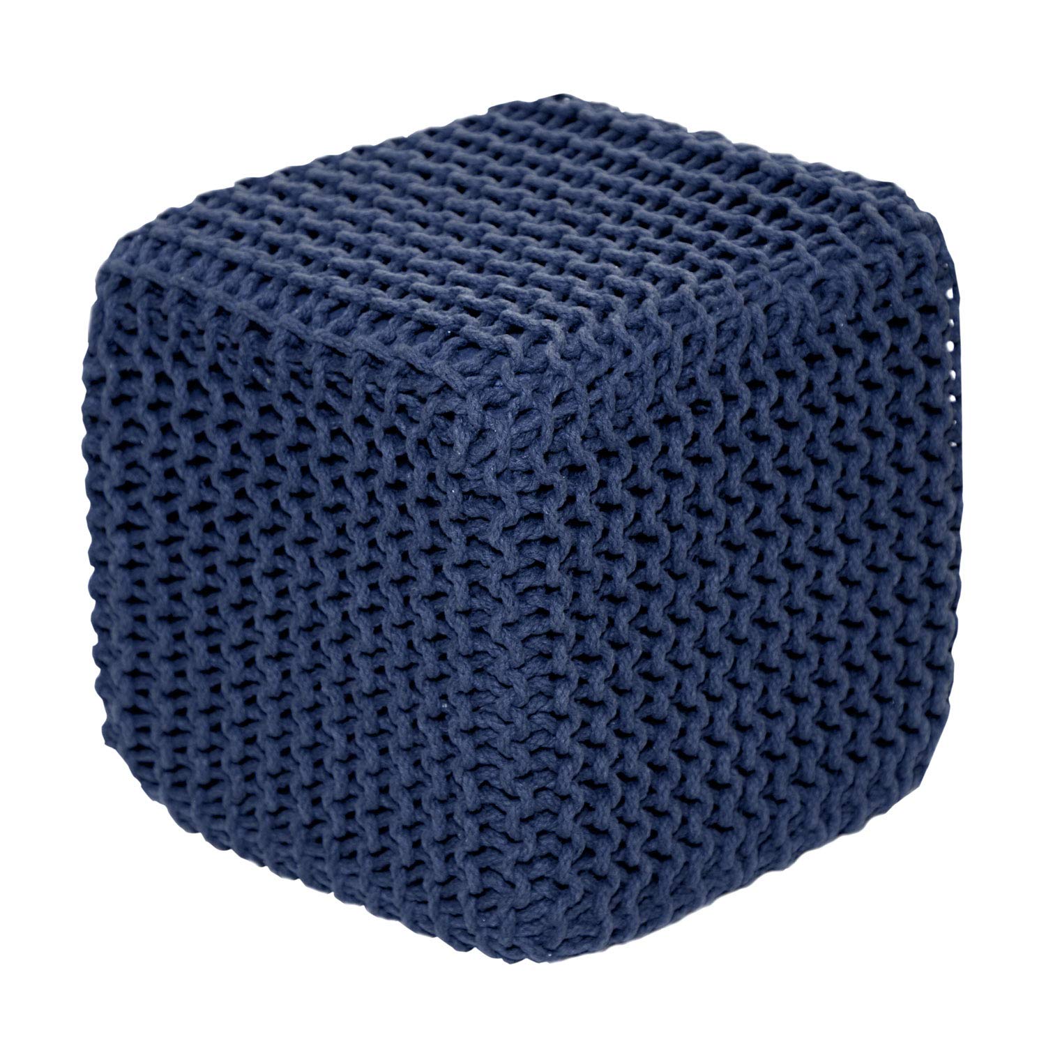 Homescapes Navy Blue Knitted Cube Footstool Bean Filled 100% Cotton for Living Room Children or the Elderly