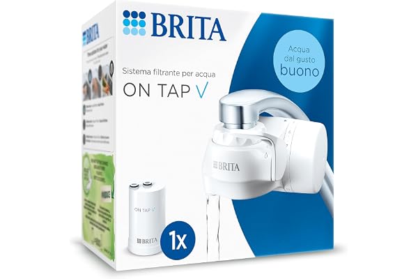 BRITA ON TAP V Système de filtre à eau, comprend 1 cartouche : eau durable et de bon goût directement du robinet, réduit les microparticules, PFAS, métaux et substances qui affectent le goût.