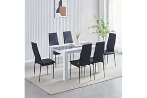 Homullel 120 cm Dining Table and 6 Chairs, 6 Seater Table and Chairs Set for 6, Kitchen Dining Room Set for Space Saving (Faux Leather Black, 120cm, 6 Seats)