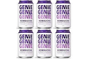 GENIE LIVING DRINKS Kombucha, Blueberry & Raspberry, Fermented for 10 Days, Gut Friendly, Low Calorie, All Natural, 100% Vegan, No Sweeteners, No Nasties, Made in UK, Natural Energy, 6 x 330ml Cans