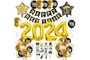 BLUELVES Decoracion Nochevieja 2024, Decoracion Fin de Año 2024,Decoración de fiesta de Nochevieja, Banderinas Feliz Año Happy New Year, Accesorios de Fotomaton para Fiesta de Víspera de Año