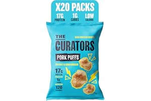 THE CURATORS High Protein Pork Puffs, Protein Crisp 25g (20 Packs) 17g Protein Low Carb Keto Gluten Free Savoury Snack (Salt & Vinegar)