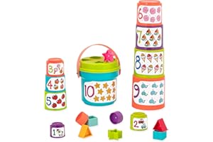 Battat - Trier et empiler - Trieur à emboîtement - Jeu de seaux empilables 19 pièces - 10 tasses et 8 formes - Jouet éducatif et de dextérité - 18 mois et +