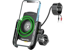 KEWIG Motocykl uchwyt na telefon z ładowarką bezprzewodową i USB C, IP66 wodoodporny uchwyt na telefon motocyklowy pasuje do telefonów komórkowych 12–18 cm, konstrukcja obrotowa 360, przyjmuje podstawę montażową kierownicy ze stopu aluminium