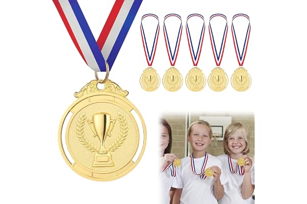 Medaljer för barn, vinnare medalj för skola, 5 stycken medaljer fotboll, pokala medaljer, guldmedaljer metall, medaljer barnf