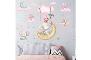ANHUIB Autocollant Muraux Animal,Sticker Mural étoiles et Nuages,Sticker Muraux Animaux de Chambre Fille,AUtocollant Mural éléphant,Rose Stickers Mural pour Chambre de D'enfant/Bébé Salon Décoration