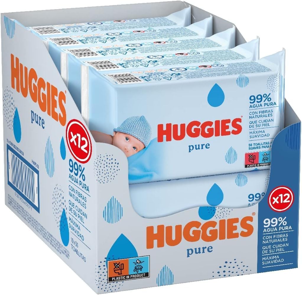 Huggies Pure Toallitas para Bebé, 99% Agua Pura, 12 Packs de 56, Total 672 Toallitas