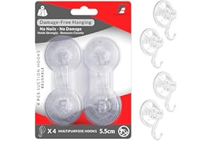 Essentiality 4-Pack 5.5cm Heavy Duty Suction Cup Hooks | Multipurpose Plastic Suction Hooks for Bathroom & Kitchen Hanging Utensil Hook - Holds Up to 6.6lb, 3kg - Use on Glass, Metal Steel & Tiles