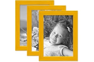 PHOTOLINI Bilderrahmen Kinderzimmer 10x15 cm Gelb, 3er Set Wechselrahmen farbig, Holz, Acrylglas, Made in Germany, zum Aufstellen & Aufhängen, mit Zubehör - für Bunte Kinderbilder