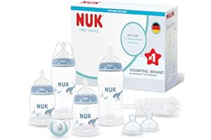 NUK First Choice Perfect Start Set Biberon | 0-6 Mesi | 4 x Biberon Anti-Colica (150 ml, 300 ml), 2 x Tettarelle, 1 x Succhietto First Choice, 1 x Scovolino per Biberon | Balena | 8 Pezzi
