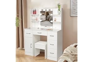 Buildonely Big Dressing Table with LED Lights, Adjustable Brightness, 3 Color Temperatures, Vanity Table with Mirror for Bedroom, Makeup Desk with 5 Drawers, 1 Stool, Modern, White, SD3167U723