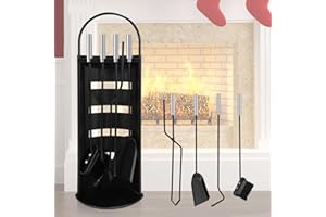 ISOISL Kaminbesteck, 5-teiliges Kaminbesteck Set, Kamingarnitur mit Besen, Schaufel, Eisenhaken, Feuerzange, Ständer, Ofenbesteck, Kaminzubehör mit Edelstahlgriffe und Leichentuch, Modern Design
