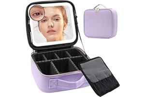 JADAZROR Make-up-Tasche mit Spiegel und Licht, Reise-Make-up-Tasche mit 3-farbigem LED-beleuchtetem Make-up-Organizer, tragbares Make-up-Etui mit verstellbaren Trennwänden, Kosmetiktasche, Geschenk