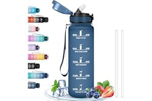 GRSTA Borraccia 1 Litro, Borraccia con Cannuccia Senza Perdite, Borraccia Motivazionale con Scala Temporale, Borraccia per Bere di Piu, Facile da Pulire, per Sport, Fitness, Escursionismo, Yoga, Blu Navy