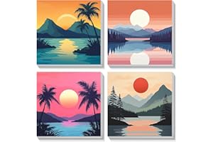 Bowetile 4 Pièces à Numéros Enfants Débutants Coucher de Soleil Avec Cadre, Peinture à Numéros de 4-8-12+ Ans Fille et Garçon, DIY Peinture Acrylique pour Décoration de la Maison 20×20cm