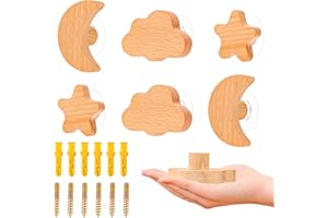MplehDa Schrankknöpfe Holz für Kinderzimmer, 6 Stück Holzknäufe mit Sterne, Mond, Wolken Knauf, Möbelknöpfe aus Holz, 2 IN 1 Selbstklebend Möbelknöpfe mit Schrauben, Holzgriffe für Schränke Türknöpfe
