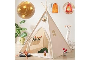 Tiny Land Tipi Tente pour Enfants avec Lumières & Jouet de Feu de Camp & Sac de Transport, Lavable Toile de Coton Naturel -Tente Enfant Interieur, Tipi Exterieur Enfant pour Filles et Garçons