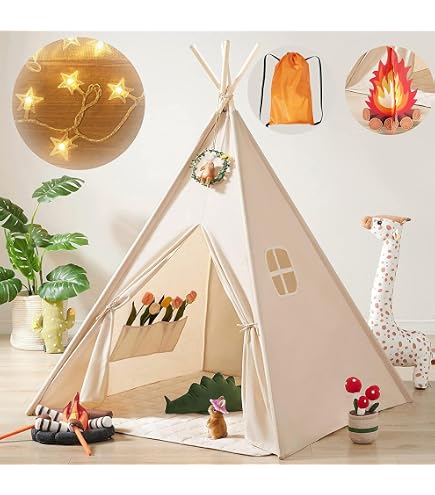 Kids Teepee Play Tent With LED Fairy Lights - Portable Foldable Cotton Canvas Playhouse For Indoor & Outdoor-526252