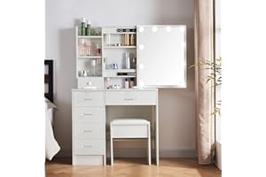 Buildonely Schminktisch mit Hocker und Spiegel, Frisiertisch mit Beleuchtung, Kosmetiktisch mit LED Lights 3 Farben und Einstellbarer Helligkeit, 6 Schubladen,W1907717