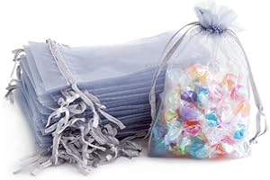 XMASOLDECOR Lot de 20 grands sacs cadeaux en organza transparent argenté avec cordon de serrage pour anniversaire, anniversaire et fêtes prénatales Gris 10 x 15 cm