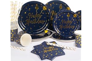 Yidaxing 120pcs Assiette Jetable Anniversaire, Vaisselle Jetable Bleu Marine et Or Papier, Vaisselles Anniversaires Anniversaire Homme, Assiettes Gobelets Pailles et Serviettes, 24 invités