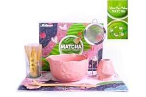 Matesen Matcha Kit Rosa, Set Matcha da 7 Pezzi, Kit Matcha Completo, Accessori per la Cerimonia del Tè Giapponese, Supporto per Frusta Matcha, Confezione Regalo Matcha per Natale