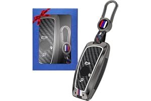 Yumzeco Zinc Alloy Car Key Cover Compatible with 5'F10 5'F11 5'G30 1'F10 3'F30 3'F31 3'F34 3'G20 X3 F25 X4 F26 Key Case Cover Carbon Fiber Pattern Key Shell with Keychain Keyless Key Protector Grey