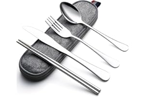 DEVICO Camping Cutlery Set for 1, Portable Travel Utensils Set with Case, Reusable Stainless Steel Knife Fork Spoon Chopsticks for Work Lunch Picnic School, Dishwasher Safe (Silver)