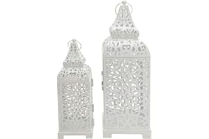 Rebecca Mobili 2 Juego Linternas Portavelas de Metal Etnico, Blanco Brillante, para Velas Flores, Salón Jardín - Medidas: 39 x 14,5 x 14,5 cm (A x AN x FON) - Art. RE6551