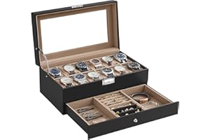 SONGMICS Porta Orologi a 12 Posti, Scatola Portaorologi a 2 Livelli, Coperchio in Vetro, Chiusura, 1 Cassetto, per Anelli Bracciali, Idea Regalo, Superficie in PU Nera, Interno Verde Beige JWB012