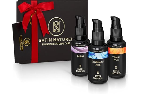 Satin Naturel Cofre Regalo Lujoso para Mujer – Set 3×30 ml con Sérum Vitamina C, Retinol Puro y Sérum Ácido Hialurónico – Tratamiento Facial Antiedad – Idea Regalo Navidad – Edición Navideña