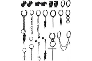 BVLAGIDA 21 Piezas Pendientes Hombre Acero Inoxidable Pendiente Kpop Pendientes Punk Pendientes Colgantes Cruz Plumas Aros Pendientes Negro Plata Dorado