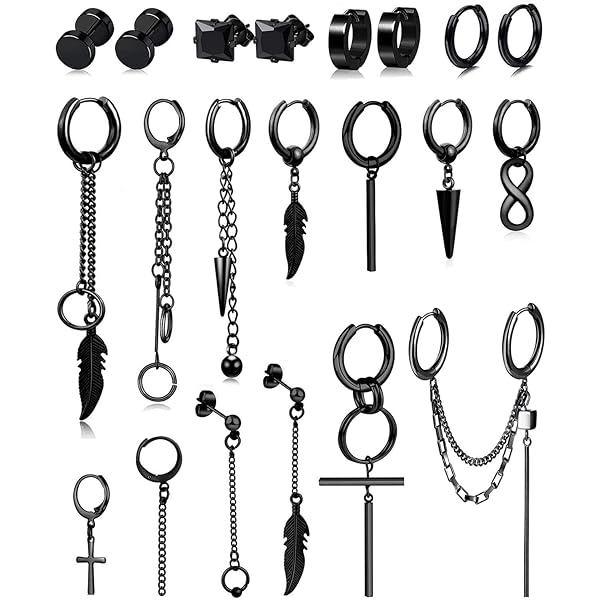 15 paar oorbellen voor heren, roestvrij staal, zwart, piercing, creolen, oorbellen, hangend, modesieraad, accessoire voor heren en dames, 1mm, Roestvrij staal, Synthetische zirkoon