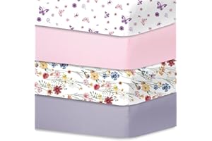 Bimocosy Lot de 4 draps-housses pour lit bébé - 70 x 140 cm - 100 % microfibre - Certifié Oeko-Tex Standard 100 - Papillon, rose, fleurs, violet gris