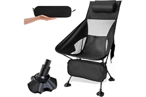 Bindokun Camping Chair 150kg for Adults,Portable Lightweight Folding Chair with Carrying Bag and Storage Pocket With Frog's Feet,High Back,For Hiking,Picnic,Fishing (High Back, Black)