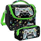 Coral High Siyah Fosforlu Yeşil Gamer Desenli Erkek &Ccedil;ocuk Isı Yalıtımlı Beslenme &Ccedil;antası ve Kalemlik Seti