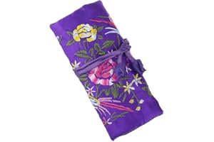 Lidwot 1 del mörklila broderi blomma och fågel silke brokad smyckesrullväska, resesmyckesorganiseringsväska med band knytstängning