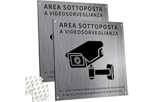 SPINNE LUCAS Cartello Area Videosorvegliata Alluminio con Avviso GDPR, 2 Pezzi Cartello 15x15cm, Fori Preforati, Spazzolato, Impermeabile, per Casa e Negozio, Interno ed Esterno